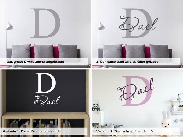 Verschiedene Anordnungen des Wandtattoos Dael