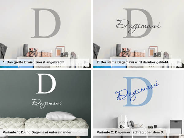 Verschiedene Anordnungen des Wandtattoos Dagemawi
