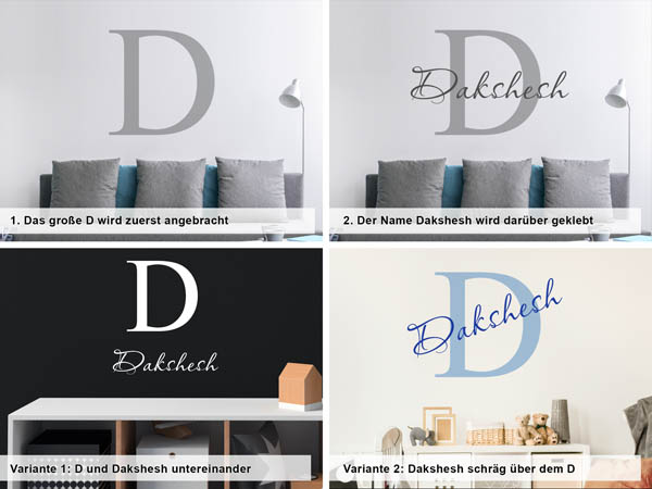 Verschiedene Anordnungen des Wandtattoos Dakshesh