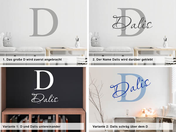 Verschiedene Anordnungen des Wandtattoos Dalis