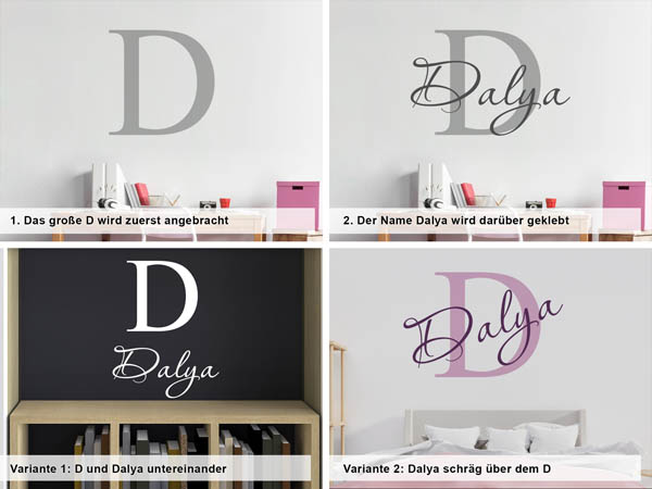 Verschiedene Anordnungen des Wandtattoos Dalya