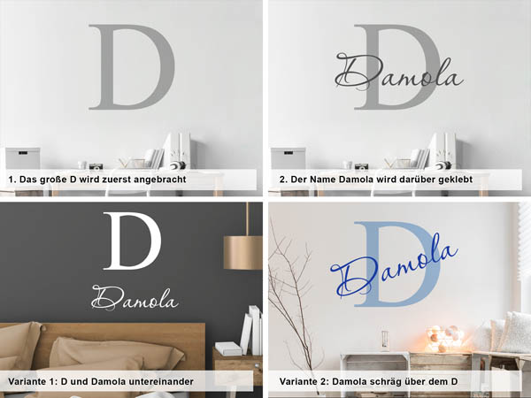 Verschiedene Anordnungen des Wandtattoos Damola