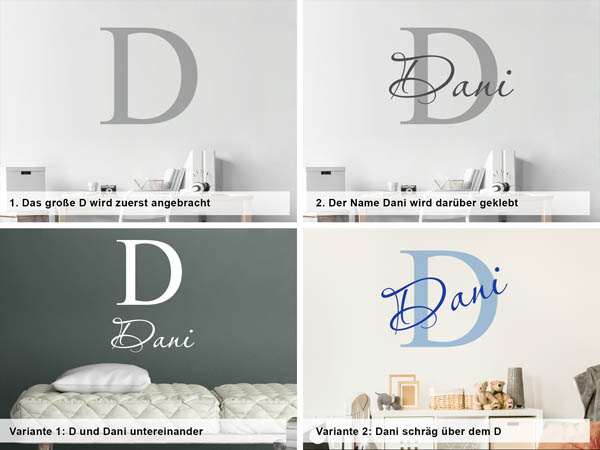 Verschiedene Anordnungen des Wandtattoos Dani