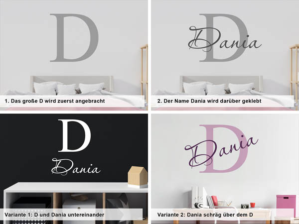 Verschiedene Anordnungen des Wandtattoos Dania