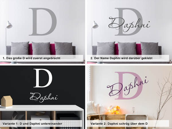 Verschiedene Anordnungen des Wandtattoos Daphni