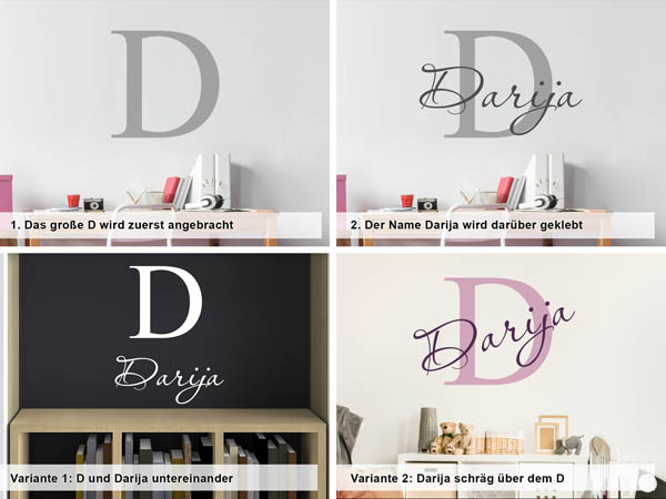 Verschiedene Anordnungen des Wandtattoos Darija
