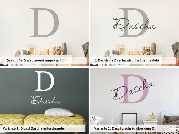 Verschiedene Anordnungen des Wandtattoos Dascha