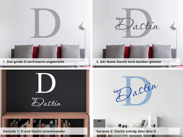 Verschiedene Anordnungen des Wandtattoos Dastin