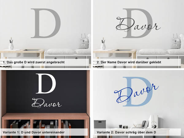 Verschiedene Anordnungen des Wandtattoos Davor