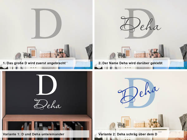 Verschiedene Anordnungen des Wandtattoos Deha