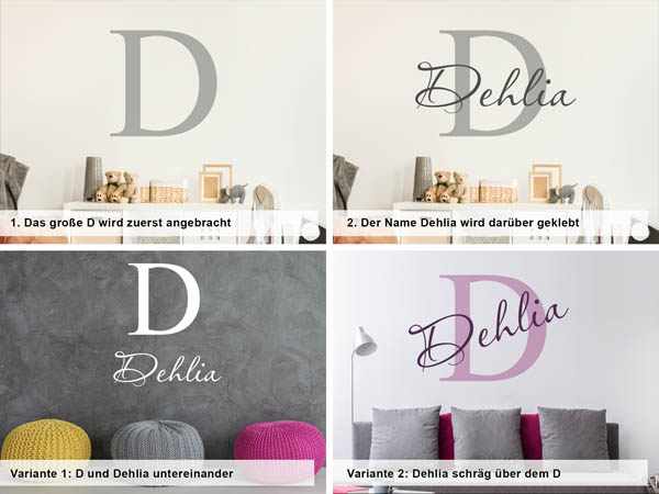Verschiedene Anordnungen des Wandtattoos Dehlia