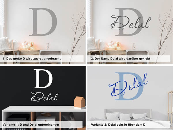 Verschiedene Anordnungen des Wandtattoos Delal