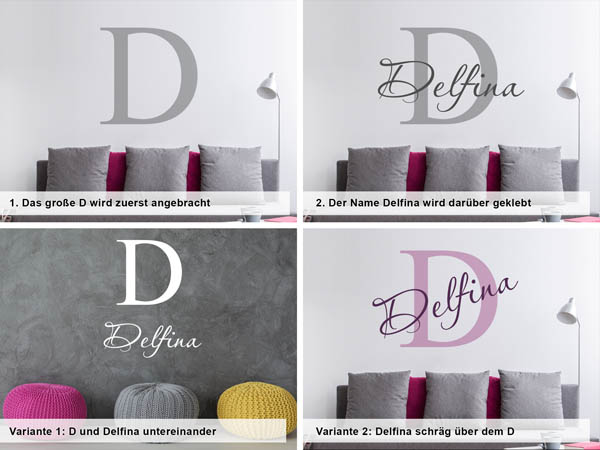 Verschiedene Anordnungen des Wandtattoos Delfina