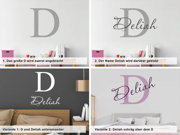 Verschiedene Anordnungen des Wandtattoos Deliah