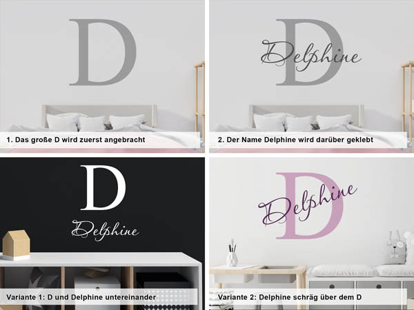 Verschiedene Anordnungen des Wandtattoos Delphine