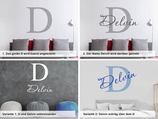 Verschiedene Anordnungen des Wandtattoos Delvin