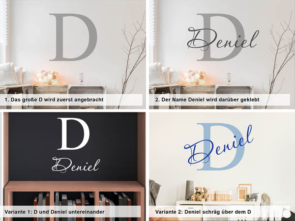 Verschiedene Anordnungen des Wandtattoos Deniel