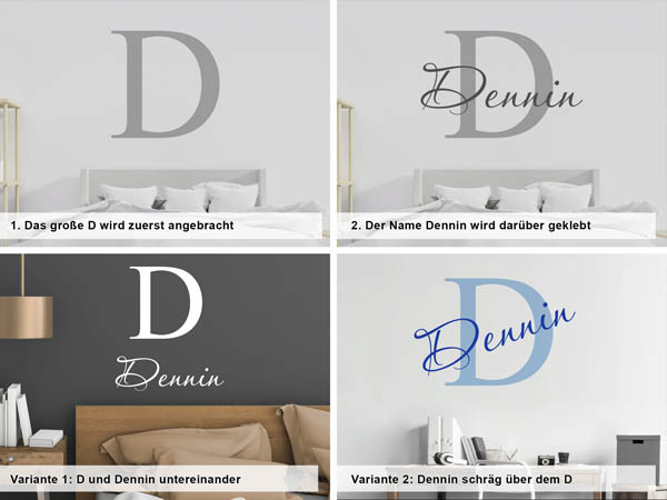 Verschiedene Anordnungen des Wandtattoos Dennin