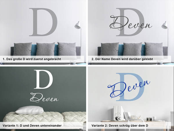 Verschiedene Anordnungen des Wandtattoos Deven