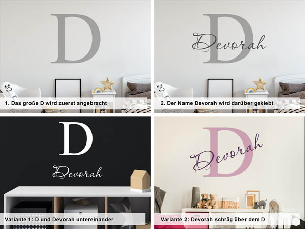 Verschiedene Anordnungen des Wandtattoos Devorah