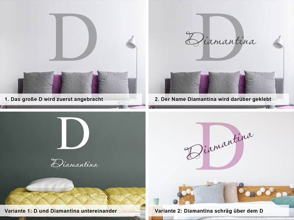 Verschiedene Anordnungen des Wandtattoos Diamantina