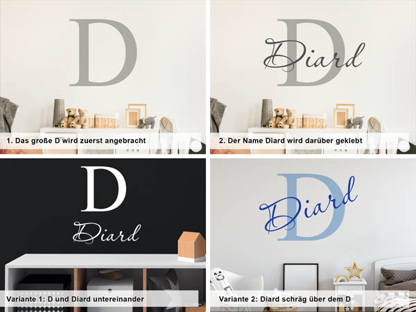 Verschiedene Anordnungen des Wandtattoos Diard
