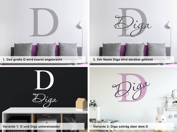 Verschiedene Anordnungen des Wandtattoos Diga