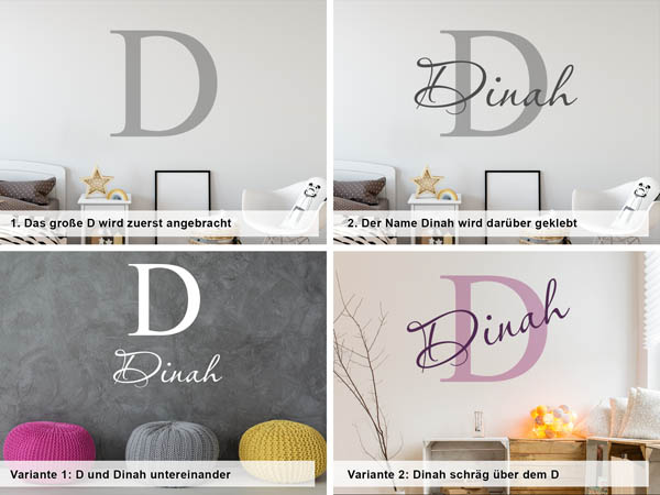 Verschiedene Anordnungen des Wandtattoos Dinah