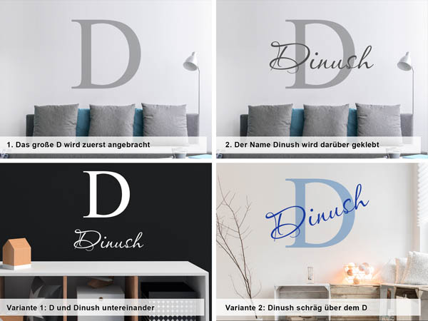 Verschiedene Anordnungen des Wandtattoos Dinush