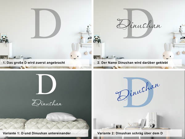Verschiedene Anordnungen des Wandtattoos Dinushan