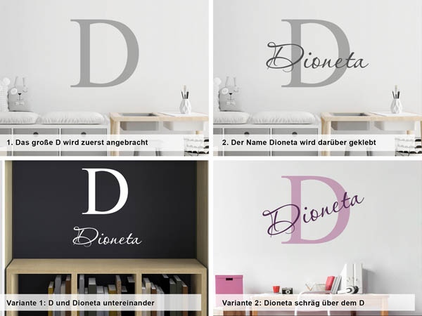 Verschiedene Anordnungen des Wandtattoos Dioneta