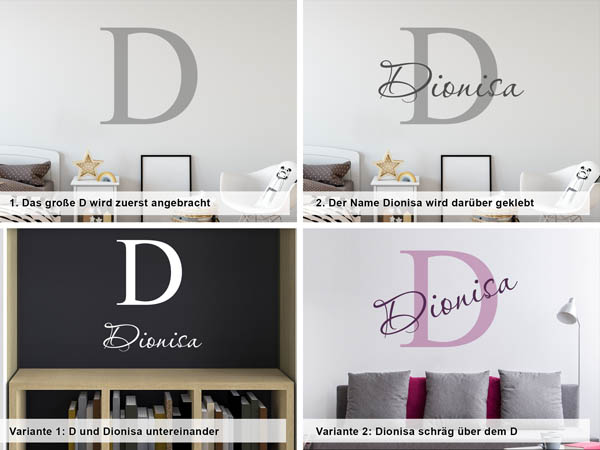 Verschiedene Anordnungen des Wandtattoos Dionisa