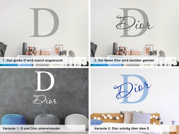 Verschiedene Anordnungen des Wandtattoos Dior