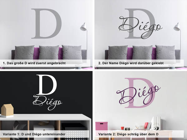 Verschiedene Anordnungen des Wandtattoos Diégo