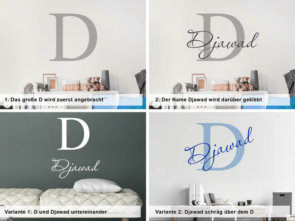 Verschiedene Anordnungen des Wandtattoos Djawad