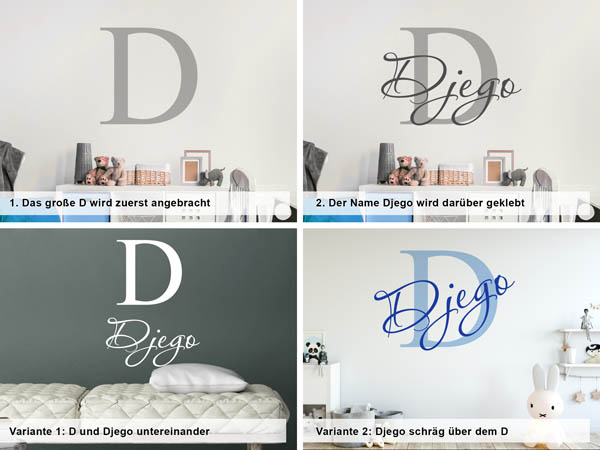 Verschiedene Anordnungen des Wandtattoos Djego