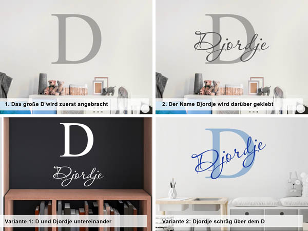 Verschiedene Anordnungen des Wandtattoos Djordje