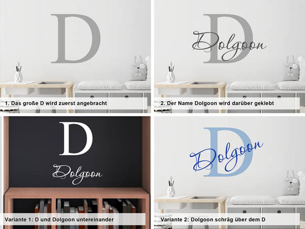 Verschiedene Anordnungen des Wandtattoos Dolgoon