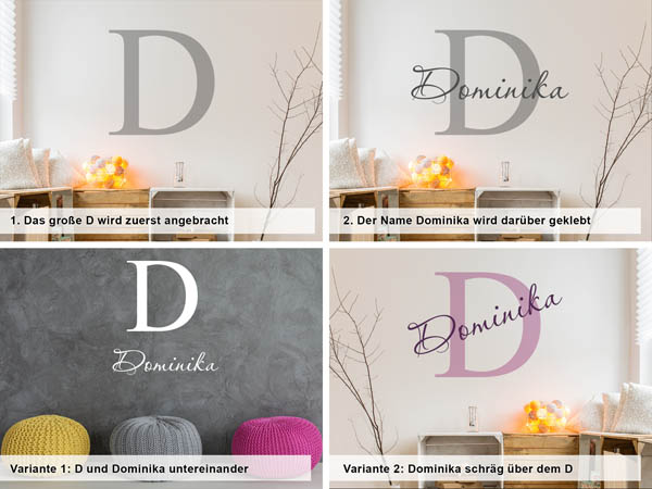 Verschiedene Anordnungen des Wandtattoos Dominika