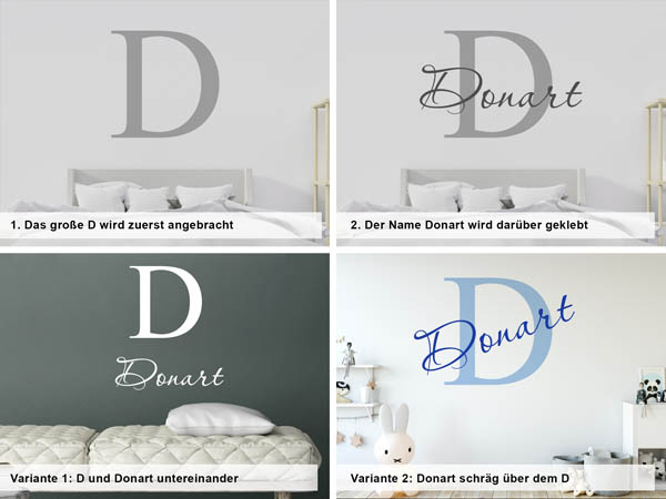 Verschiedene Anordnungen des Wandtattoos Donart