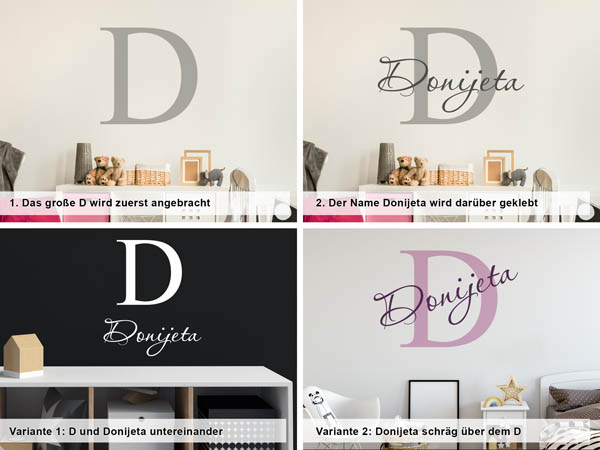 Verschiedene Anordnungen des Wandtattoos Donijeta