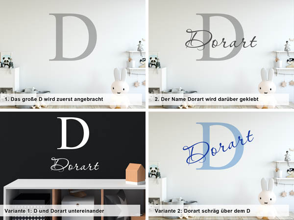 Verschiedene Anordnungen des Wandtattoos Dorart