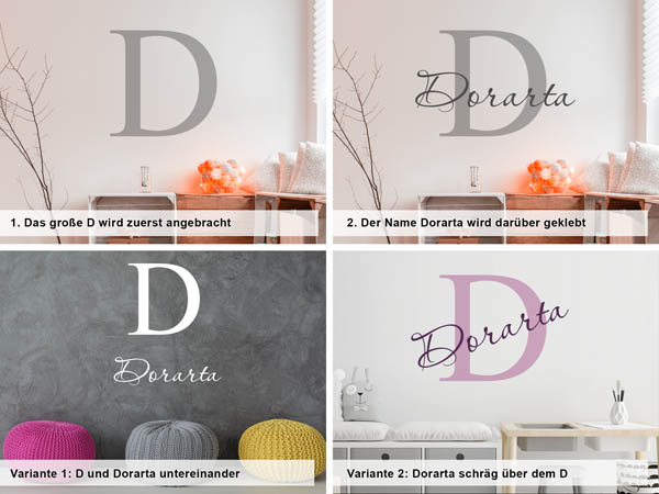 Verschiedene Anordnungen des Wandtattoos Dorarta