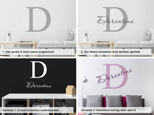 Verschiedene Anordnungen des Wandtattoos Dorentina