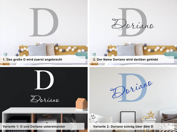 Verschiedene Anordnungen des Wandtattoos Doriano