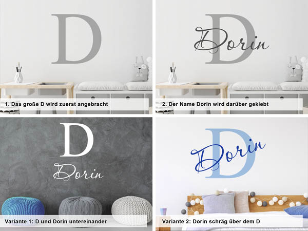 Verschiedene Anordnungen des Wandtattoos Dorin