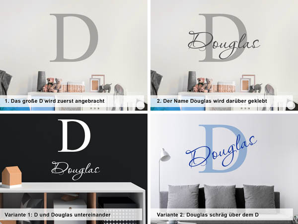 Verschiedene Anordnungen des Wandtattoos Douglas
