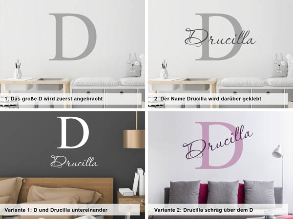Verschiedene Anordnungen des Wandtattoos Drucilla