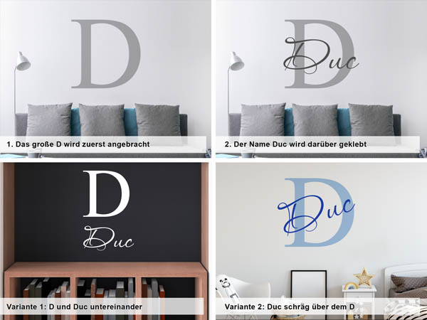 Verschiedene Anordnungen des Wandtattoos Duc