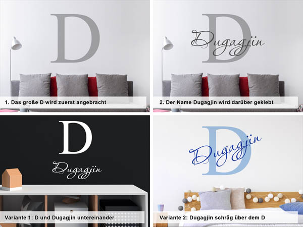 Verschiedene Anordnungen des Wandtattoos Dugagjin